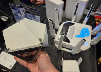 A mock up of the Asus ROG NeoCore Wi-Fi 8 router. Credit: The Verge